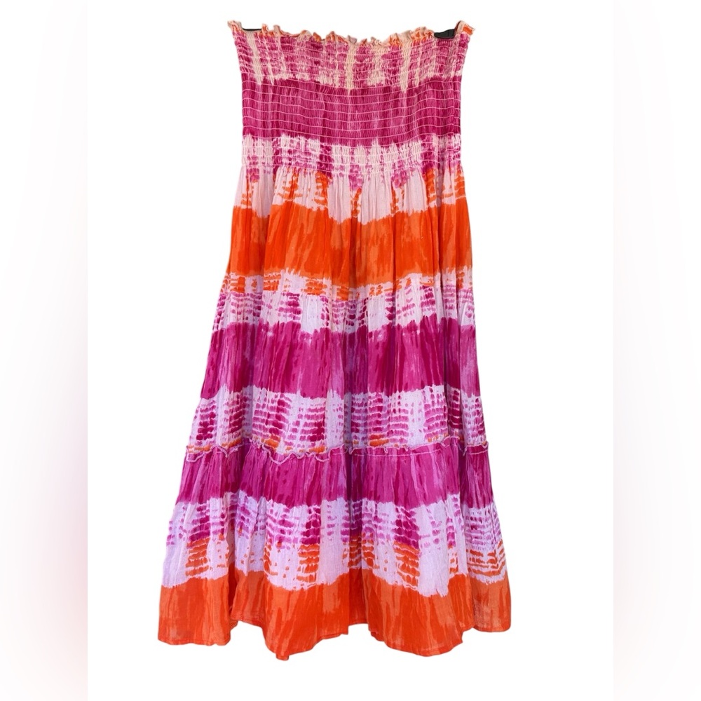 Club Z Collection Strapless 100% Cotton Vibrant Pink/Orange Tie Dye Midi Dress M